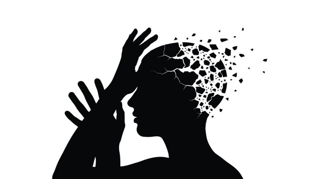 Silhouette of a person suffering from a mental breakdown with their head shattering into pieces