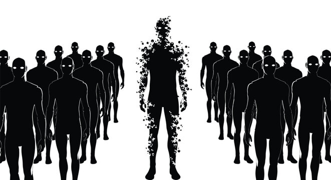 A mysterious central figure stands apart from a crowd of identical black silhouettes in isolation