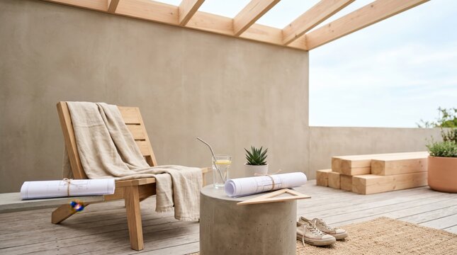 Architectural blueprints on a modern outdoor terrace with wooden lounge chair and concrete table