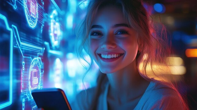 Person with obscured face holding smartphone before glowing blue holographic interface and neon lights, engaged and focused in a futuristic urban tech scene