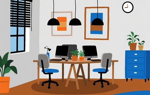 An empty modern office interior features a sleek desk with a computer and comfortable chairs arranged for a business meeting in a bright workplace