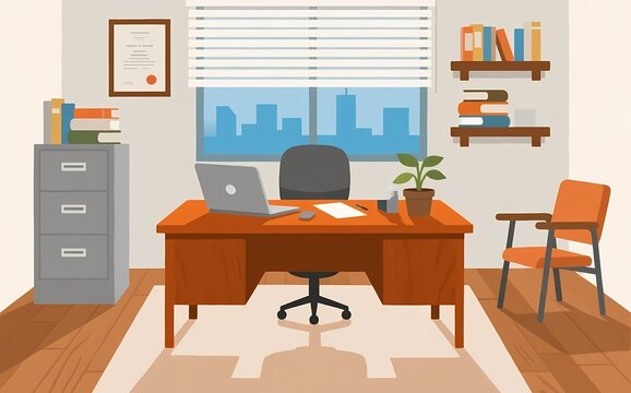 A modern office interior featuring a luxury wooden desk and chairs on an empty floor with large windows and contemporary architecture design