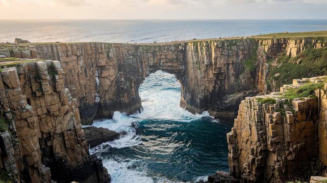 Majestic natural stone arch over deep blue ocean waves with rocky coastline and clear sky