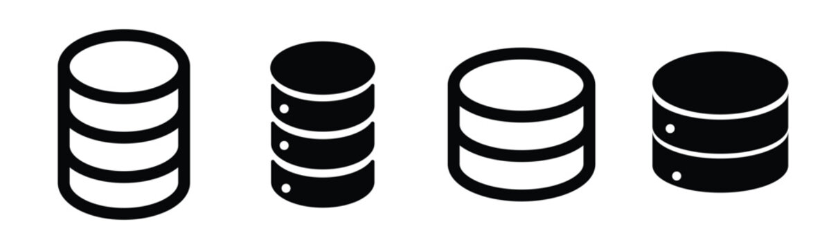 Database storage icons set in black and white minimal style isolated vector cylinders technology symbols