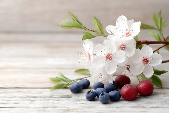 Fresh Flowers and Berries Arrangement on Wooden Surface with Soft Natural Light
