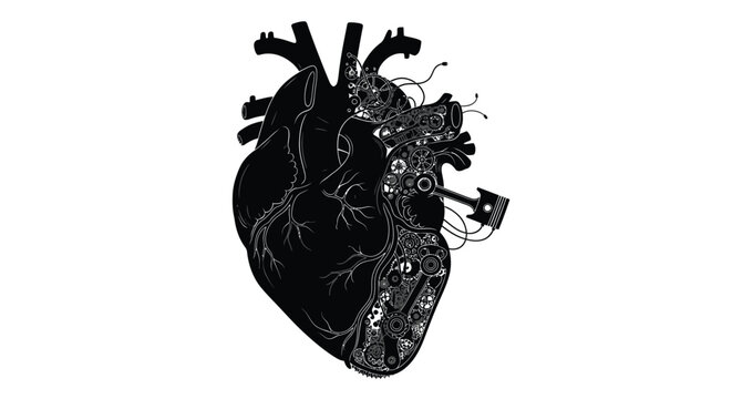 Human heart illustration integrated with complex mechanical gears and metal engine parts for medical design concepts