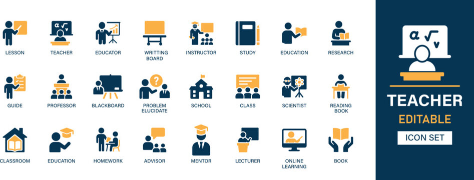 Teacher icon set collection. Lesson, educator, board, study, research, guide, professor, school and class. Vector illustration.
