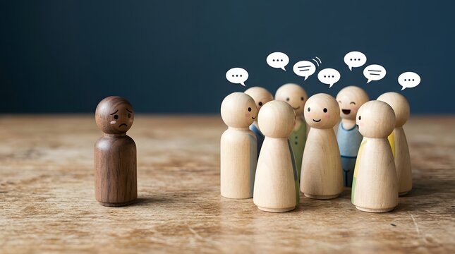 Social exclusion and isolation a wooden figure separated from a group of similar figures