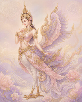Stunning Kinnaree Mythical Creature in Graceful Thai Decorative Art Style