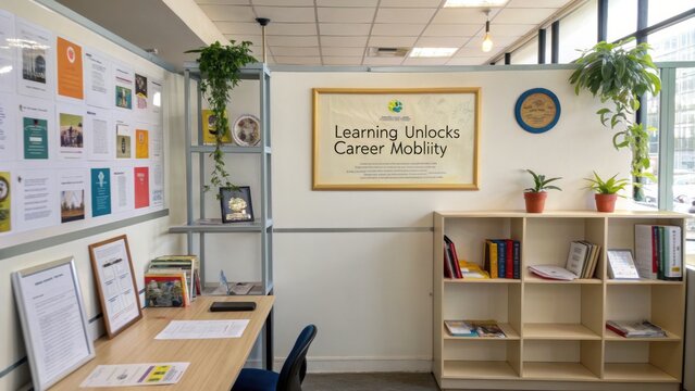 Bright and Inviting Learning Space Promoting Career Development with Educational Resources and Inspirational Messages on the Wall