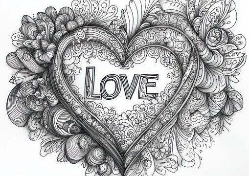intricate hand-drawn heart framed by swirling floral zentangle patterns with the word love at the center, black-and-white ornate line art conveying romantic warmth and whimsical affection