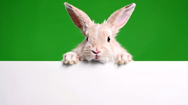 Cute Bunny Peeking Behind Blank White Board Green Screen, Animals Wildlife