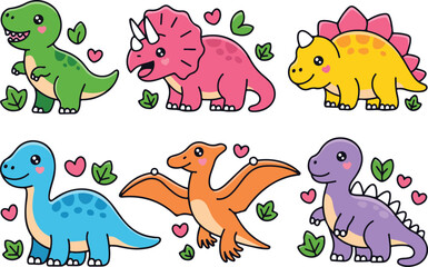 Set of six cute cartoon baby dinosaurs including t-rex triceratops and pterodactyl with hearts for nursery stickers and kids decor. © MDESAHAQUE