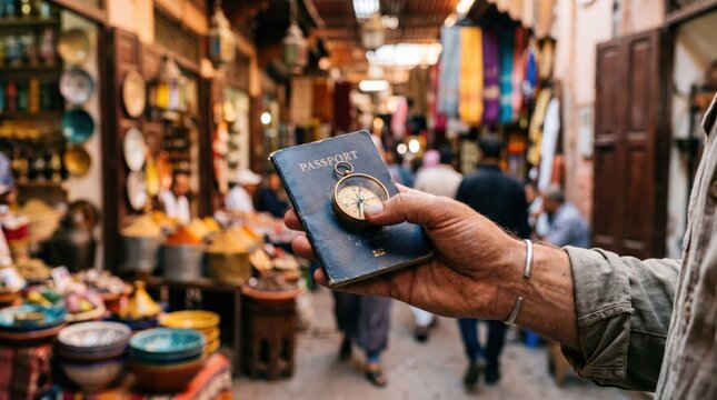 Traveler holding passport and vintage compass in a busy traditional market souk