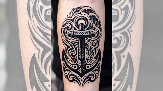 Heavy blackwork anchor tattoo design with stylized ocean waves on male forearm skin