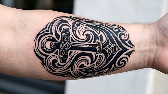 Blackwork anchor tattoo design on human forearm featuring bold tribal patterns and nautical symbolism