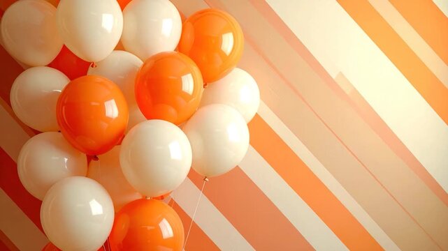 A collection of white and orange balloons, set against a striped backdrop