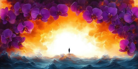 Fototapeta premium lone silhouette standing on rolling ocean waves beneath a blazing orange sunrise, framed by vivid purple orchid blossoms, evoking solitude and awe