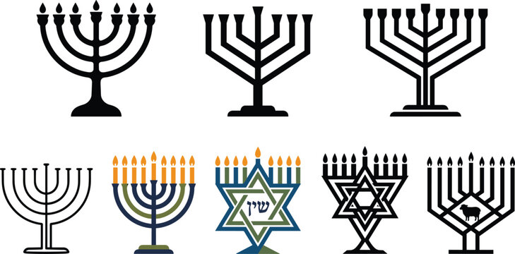 Set of menorah silhouettes and Jewish holiday symbols for Hanukkah celebration isolated on white background
