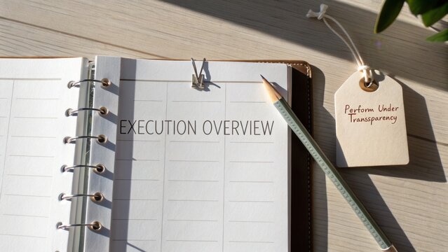 Blank Planner Page with Execution Overview Header and Tag for Performance Under Transparency on Wooden Background