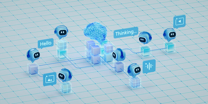 Ai Agent, Multi-Agent System concept, SLM, small language model, chatbot, AI assistant, generative AI. Photo stock