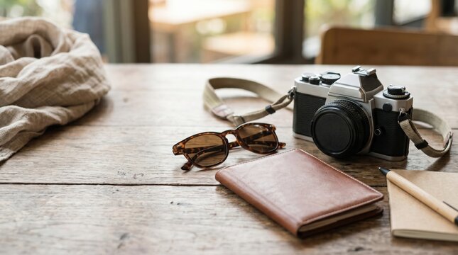 Travel accessories on wooden table with vintage camera and leather journal for vacation planning