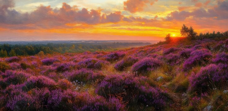 Tranquil rolling hills carpeted in vibrant purple heather and white wildflowers under a golden sunset with dramatic clouds and distant treeline