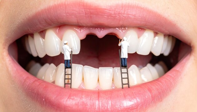 Miniature dentists working on a missing tooth in a woman's smile, symbolizing dental care and procedures