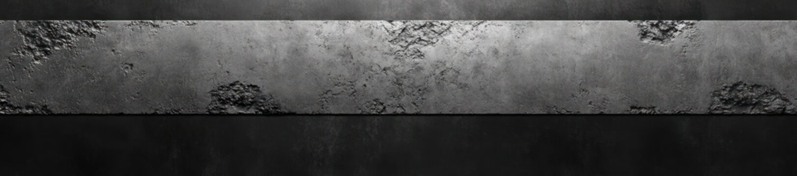 monochrome concrete wall with three horizontal textured bands, weathered patches and austere minimalist industrial mood