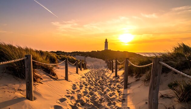 A serene beach path leads to a distant tower at sunset