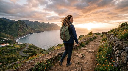 Fototapeta premium Young woman hiking on coastal cliff trail at sunset with ocean view
