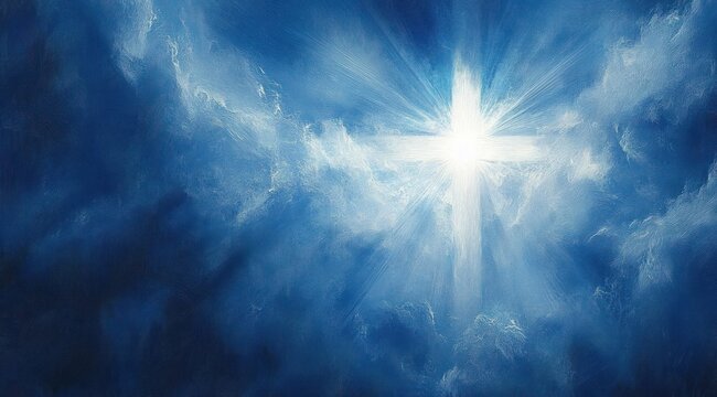bright cross-shaped light breaking through swirling deep blue clouds with radiant sunbeams, ethereal calm and a sense of hope and reverence