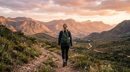 Obraz premium Solo Female Hiker Walking on Mountain Trail at Sunset Adventure Travel