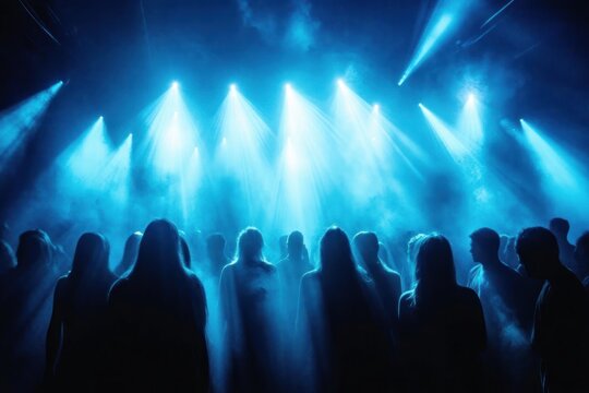 Silhouetted crowd beneath blue stage lights and haze, beams piercing fog, moody electric atmosphere of anticipation and unity