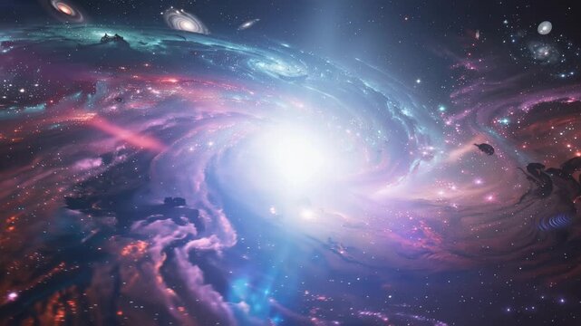 Vibrant cosmic galaxies colliding in a colorful energetic space dance