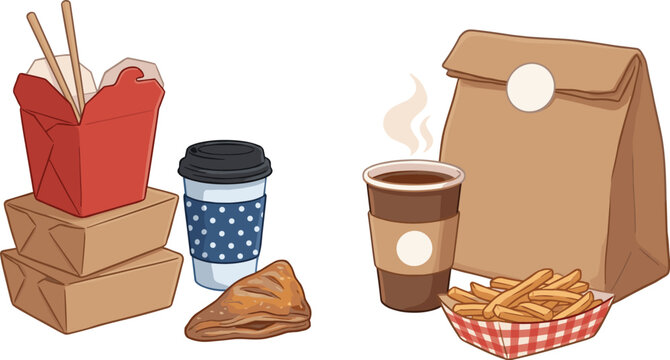 Takeaway food and coffee set with fast food boxes fries drink and paper bag flat vector illustration collection
