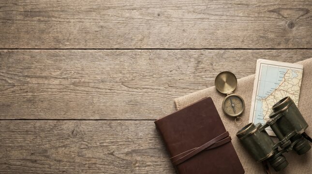 Vintage Travel Planning Concept with Leather Journal Compass and Binoculars on Wooden Table