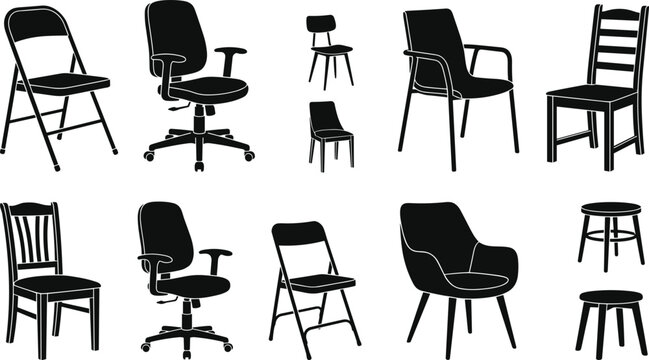 Various chair silhouettes collection including office chairs folding chairs stools and modern seating isolated on white background for furniture concepts