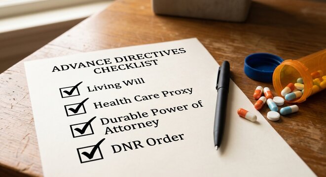 Advance directives checklist with living will health care proxy durable power of attorney and dnr order with pen and pills spilling.