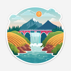Naklejka premium Scenic Landscape with Waterfall, Bridge, Mountains, and Fields