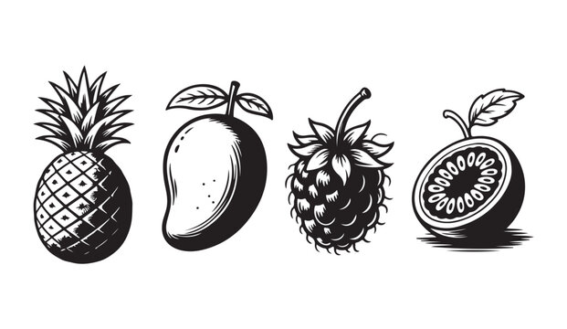 Set of fresh tropical fruits pineapple mango raspberry and passion fruit vector graphic design elements.