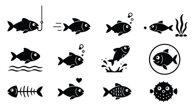 Fish Fishing Hook Aquarium Seaweed Splash and Pufferfish Symbols for Aquatic Themes