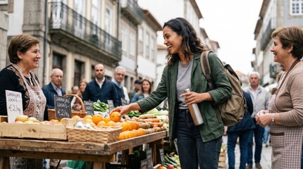Fototapeta premium Young woman buying fresh oranges from an elderly female vendor at an outdoor street market