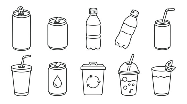 Beverage Container Symbols with Cans Bottles Cups and Recycling Theme