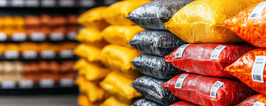 Colorful bags of spices or dried goods stacked neatly on shelves in a market or store setting.