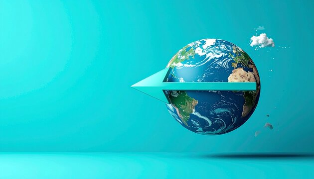 earth globe split by arrow symbolizing global direction and strategy on turquoise background