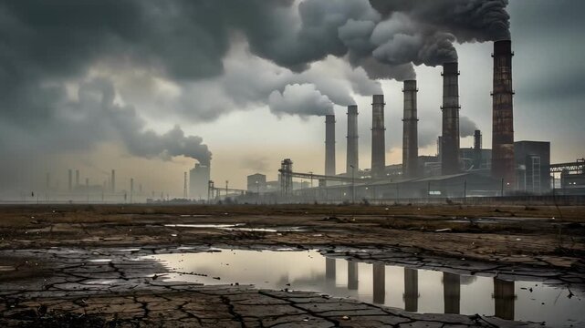 Polluted industrial area with smoky stacks and gloomy sky showing environmental pollution and urban decay