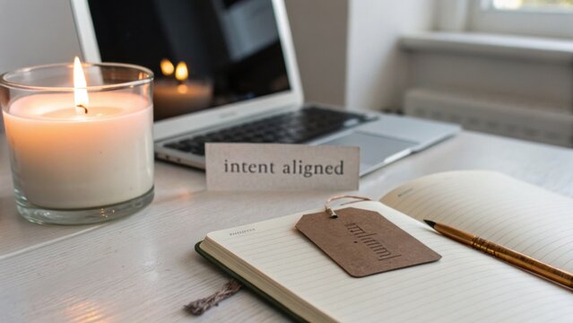 Cozy workspace with laptop, candle, notebook, and handwritten tag promoting mindful productivity and intention setting for personal growth and self-improvement