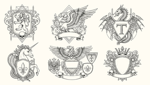 Collection of vintage heraldic shields and banners with royal emblems and symbols patterns