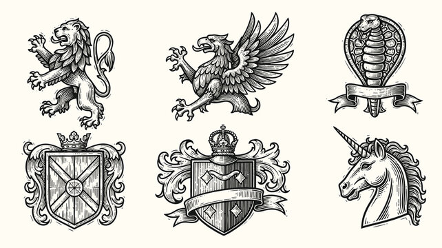 Collection of vintage heraldic shields and banners with royal emblems and symbols patterns
